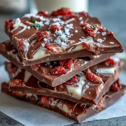 Decadent homemade chocolate bark featuring swirls of dark and white chocolate, studded with crushed freeze-dried strawberries and colorful Valentine sprinkles.  