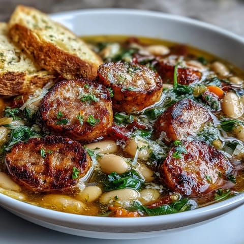 Hearty Tuscan white bean soup with Italian sausage, tender vegetables, and fragrant herbs simmering in a rustic pot.  