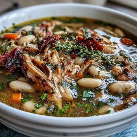 A steaming bowl of smoked turkey and white bean soup, brimming with tender turkey, creamy white beans, and fragrant herbs.