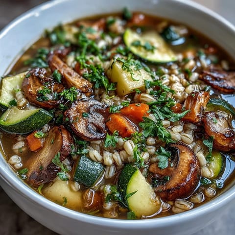 Hearty rustic vegetable barley soup with mushrooms, featuring earthy mushrooms, colorful veggies, and pearl barley simmered to perfection.  