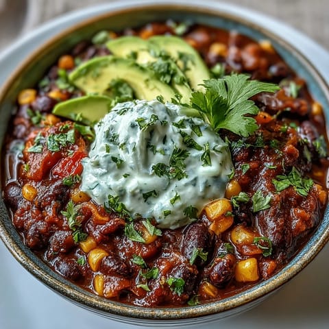 Hearty vegetarian black bean and corn chili with smoky spices and a tangy lime crema drizzle.  