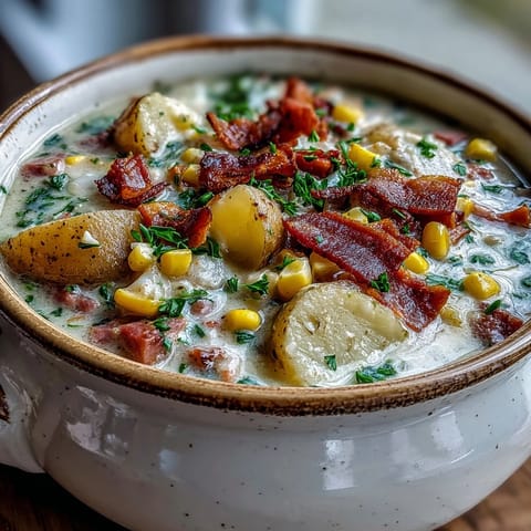 Creamy ham and potato chowder with tender chunks of potato, sweet corn, and crisp celery in a light, savory broth.  