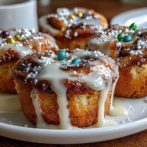 Festive mini King Cake cupcakes topped with vibrant green, purple, and gold sugar for a Mardi Gras treat.