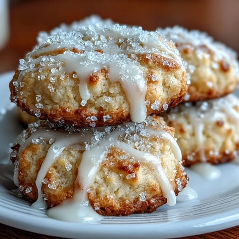 Close-up of soft cottage cheese lemon sugar cookies with shiny lemon glaze and golden edges.