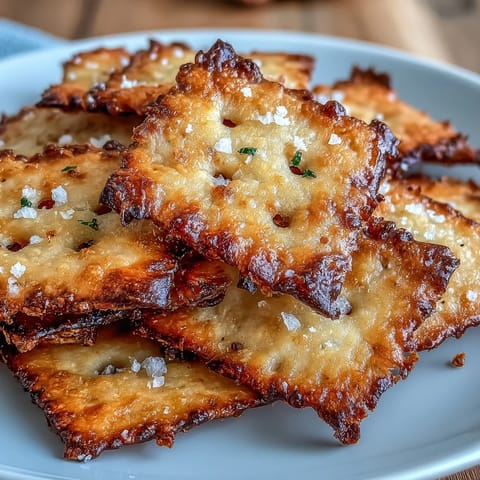 Golden sourdough crackers topped with garlic and Parmesan, baked until crisp and perfect for snacking.