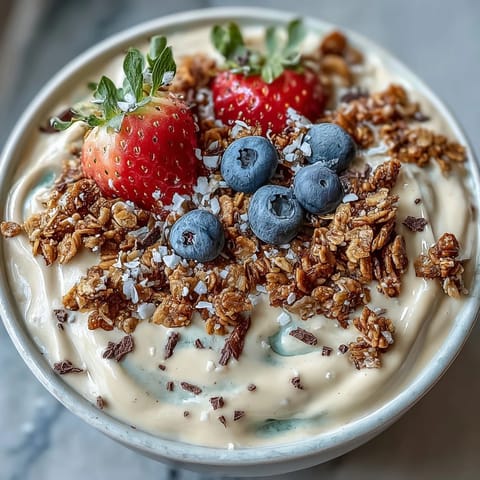 Creamy vanilla bean frappuccino smoothie bowl with crunchy granola and fresh berries, served in a chilled bowl for a refreshing breakfast treat.