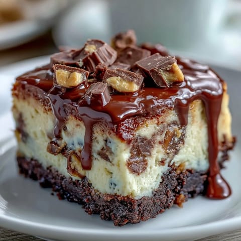 Creamy peanut butter cheesecake bars with a rich chocolate crust and mini peanut butter cups, perfect for indulgent dessert lovers.