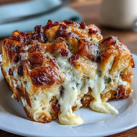 Ham and Cheese Croissant Bake Casserole with golden, flaky croissants, savory ham, and melty cheese in a rich custard base, perfect for brunch.