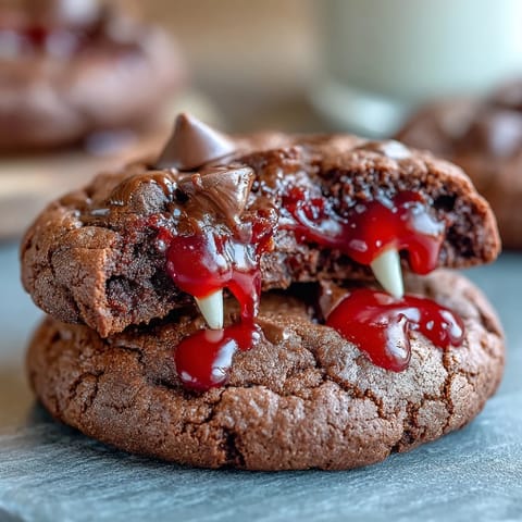 Sinister chocolate cookies with candy fangs and red icing blood, perfect for a spooky Halloween dessert table.  