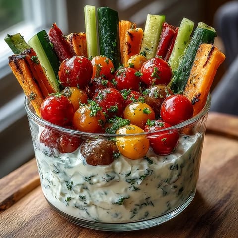 Vibrant vegetable cups with cherry tomatoes, celery, and colorful peppers, paired with tangy Greek yogurt ranch dip—perfect for picnics or parties.