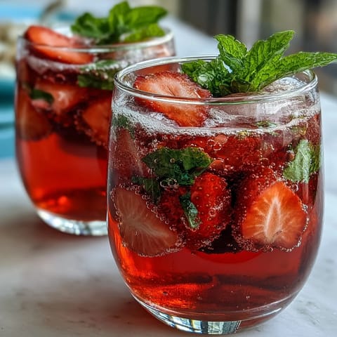 Vibrant strawberry mint mocktail pitcher with fresh berries and citrus slices, perfect for spring gatherings and refreshing non-alcoholic sipping.