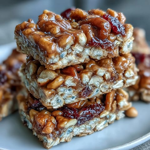1. No-bake granola energy bars with oats, nuts, and dried fruit, drizzled with honey and peanut butter.
