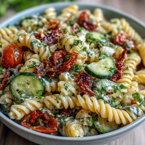 Vibrant pasta salad with cherry tomatoes, bell peppers, and mozzarella in zesty Italian dressing.