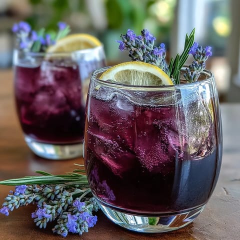 A stunning purple lemonade refresher with fresh citrus, soothing lavender, and vibrant color, served over ice with lemon slices and lavender sprigs.