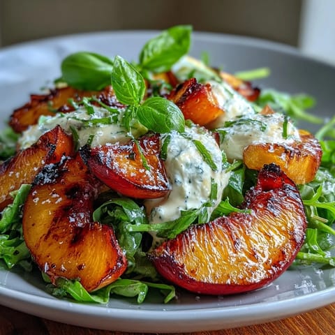 Grilled peach and burrata salad with honey features caramelized fruit and creamy cheese on fresh greens.