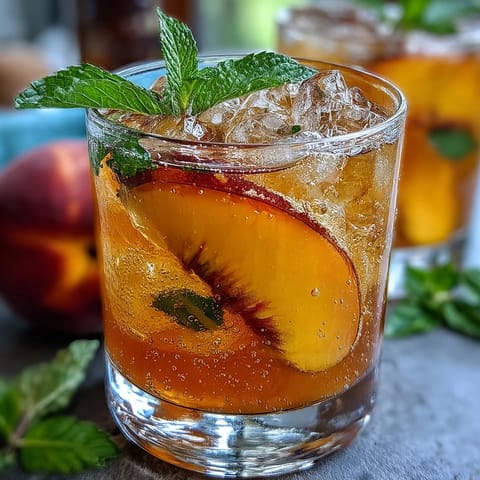 Mango Peach Sparkling Tea with vibrant fruit slices and mint garnish, a refreshing summer beverage with tropical sweetness and bubbly finish.