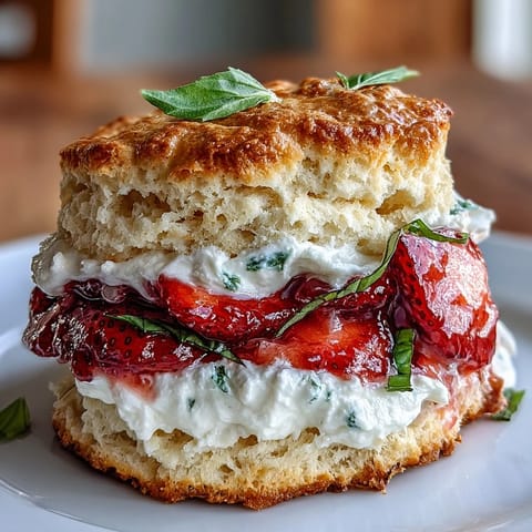Buttery golden biscuits topped with juicy macerated strawberries and a hint of basil, served with light whipped cream.  