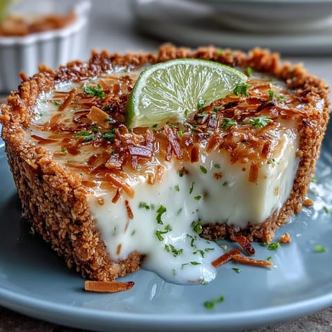 A creamy coconut lime tart with zesty lime filling and golden graham cracker crust, garnished with whipped cream and toasted coconut.