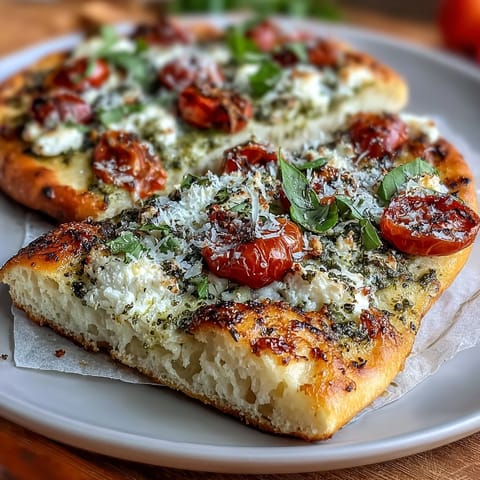Viral Cottage Cheese Flatbread with Pesto and Tomato, golden and crispy, topped with vibrant basil pesto and juicy cherry tomatoes.