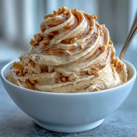 Four-ingredient peanut butter banana ice cream, a dairy-free frozen treat with natural sweetness, garnished with banana slices and chopped peanuts.