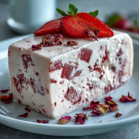 Vibrant strawberry and rose gelatin cubes suspended in a creamy, dreamy dessert mold, perfect for elegant celebrations.