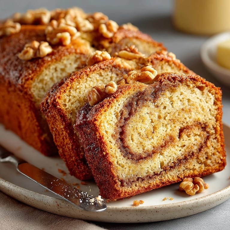 Homemade Cinnamon Swirl Banana Bread, a sweet, nutty Sunday brunch treat served toasted.
