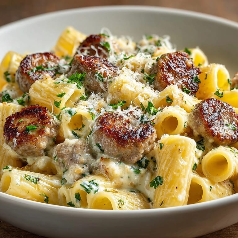 Scoop of creamy, hearty One-Pot Creamy Sausage Pasta, perfect for a satisfying, easy meal.