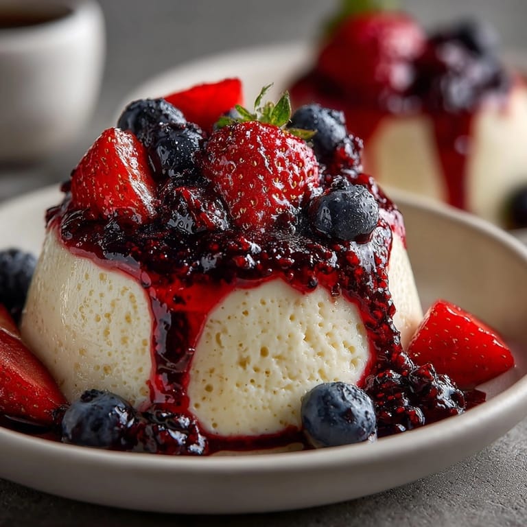 Delicate Vanilla Bean Panna Cotta: view smooth texture and vibrant berry drizzle.