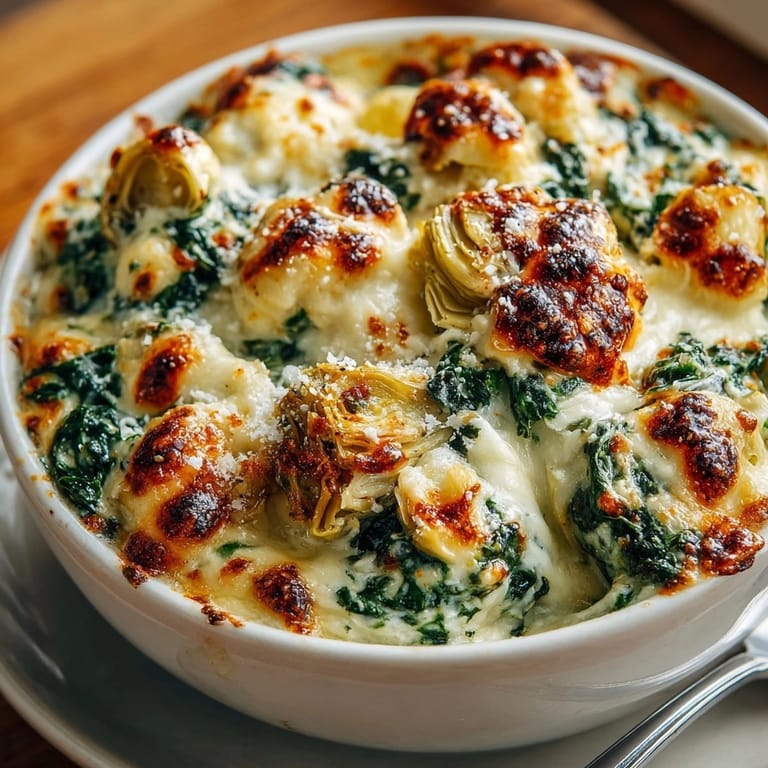 Homemade Cheesy Spinach and Artichoke Dip, a warm, cheesy appetizer with toasted baguette.