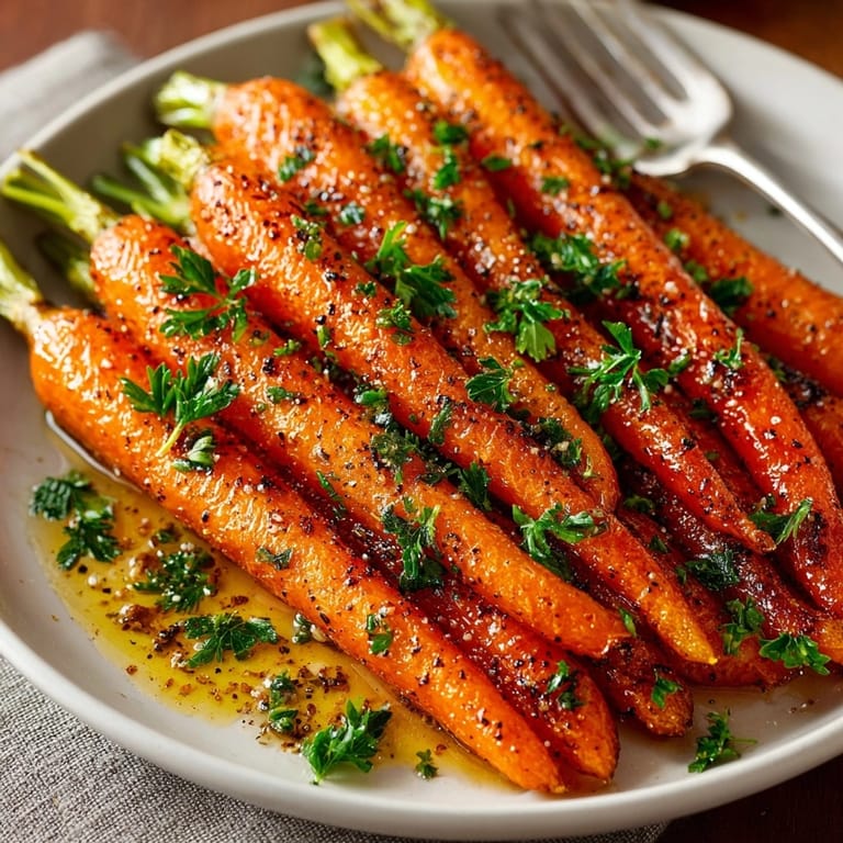 Warm, tender Maple Glazed Roasted Carrots, a sweet and savory autumn side dish.