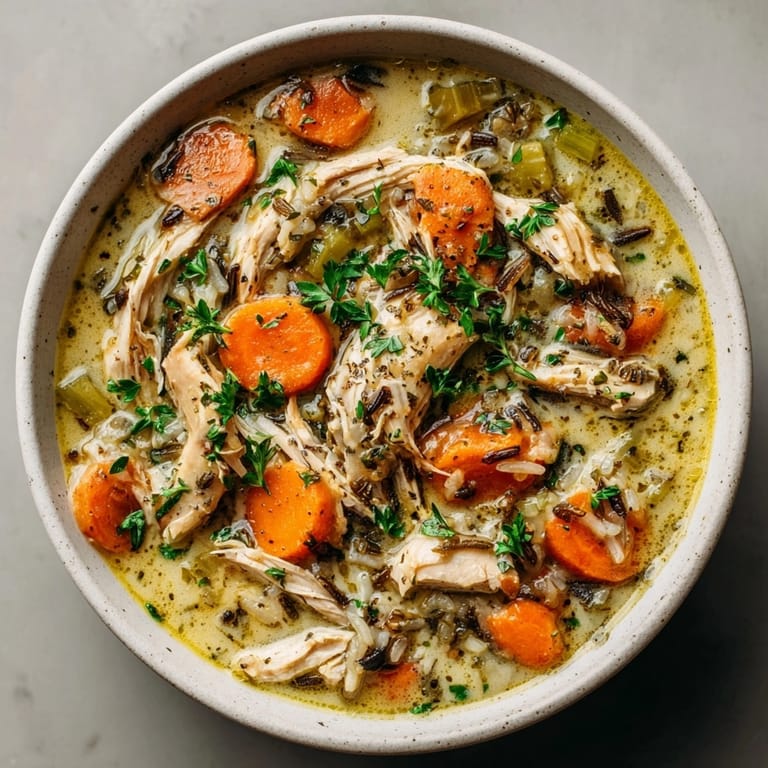 Close up of Instant Pot Chicken and Wild Rice Soup, flavorful, easy weeknight dinner.