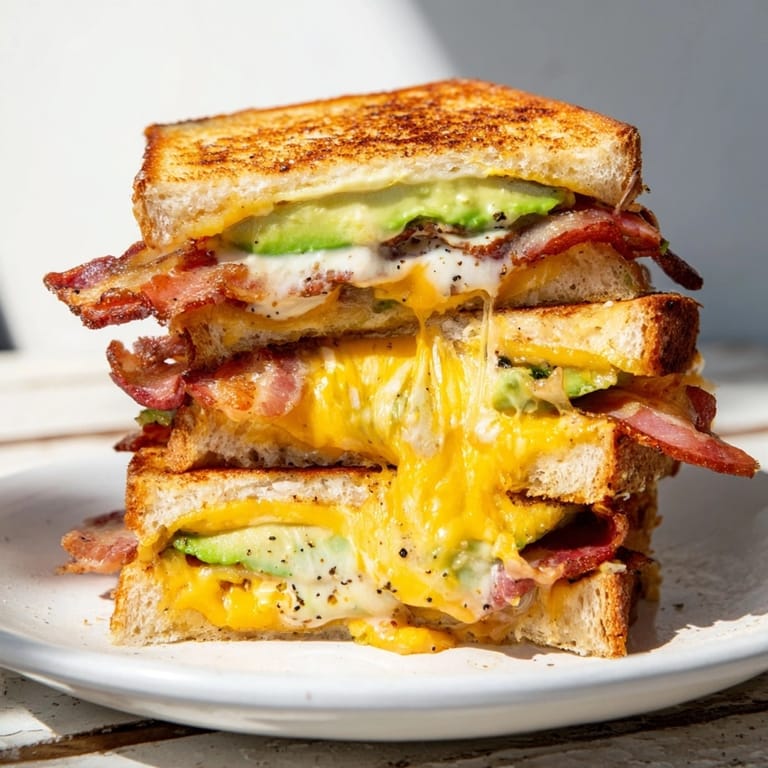 Hot, savory Bacon Avocado Ranch Grilled Cheese sandwich, fresh off the griddle, a satisfying easy recipe.