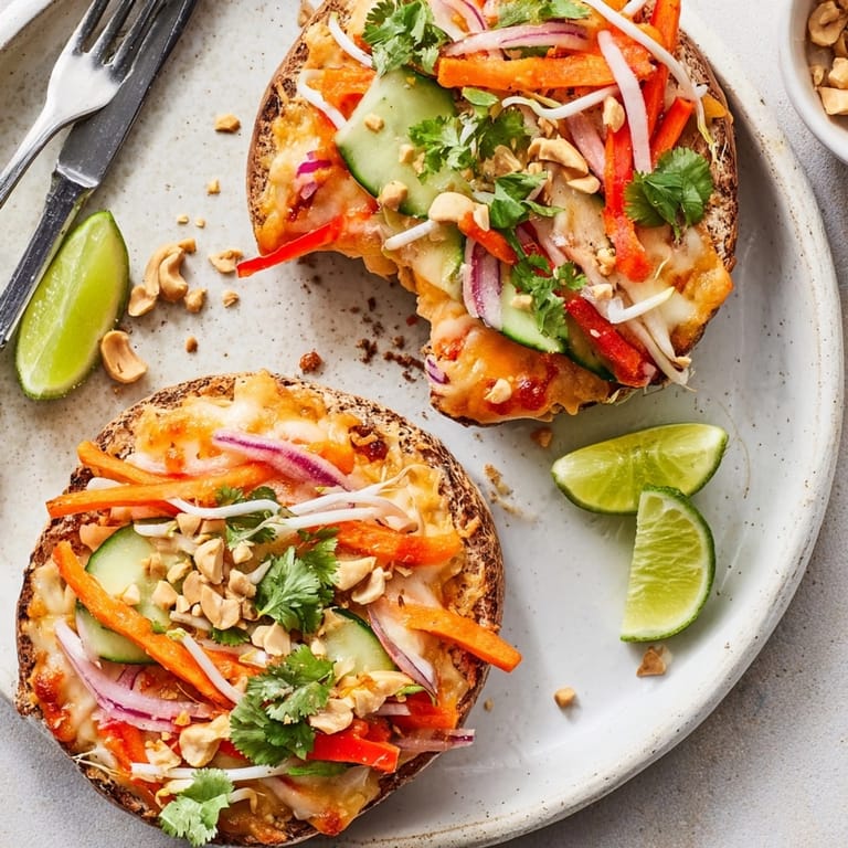 Easy Thai Peanut Veggie Pizza Bagels: crunchy vegetables burst with savory sweet peanut sauce.