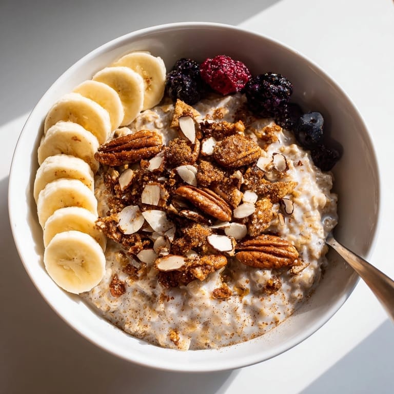 Bowl of freshly made Protein Cinnamon Crunch Oatmeal—a wholesome view of a satisfying breakfast.