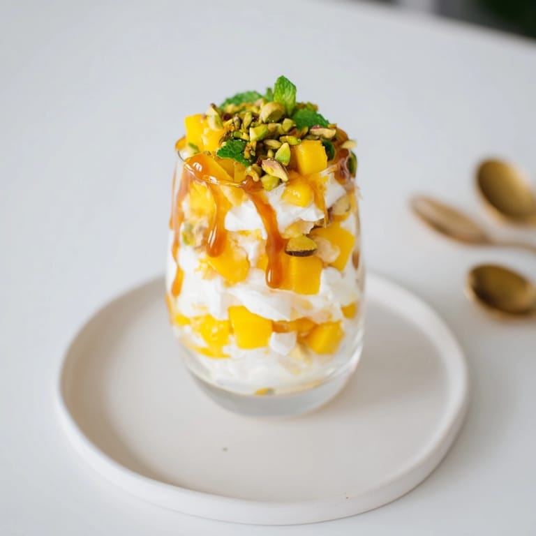 Golden caramel drizzled over a delicious Mango Caramel Ricotta Parfait with fresh mint.