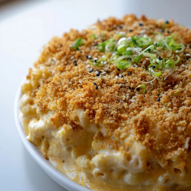 Golden-baked Katsu Curry Mac & Cheese, bursting with cheesy and spicy flavors.  