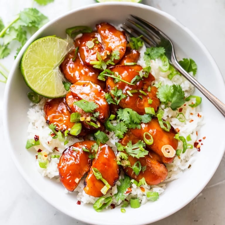 Colorful Sweet Chili Chicken Bowl showcasing jasmine rice and zesty coconut lime sauce  