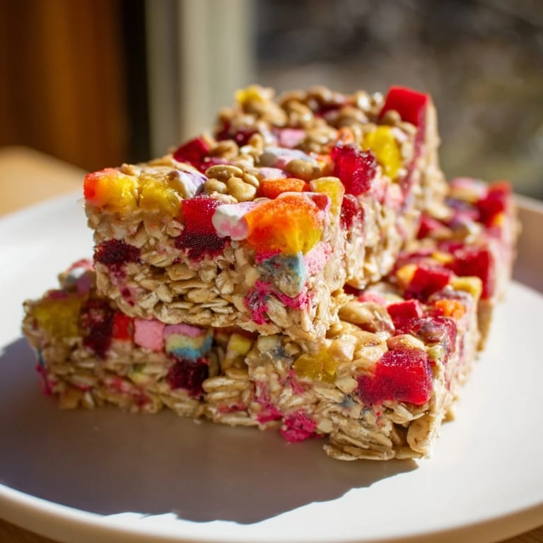 Colorful DIY snack bars featuring a wholesome oat base and juicy homemade gummies.  