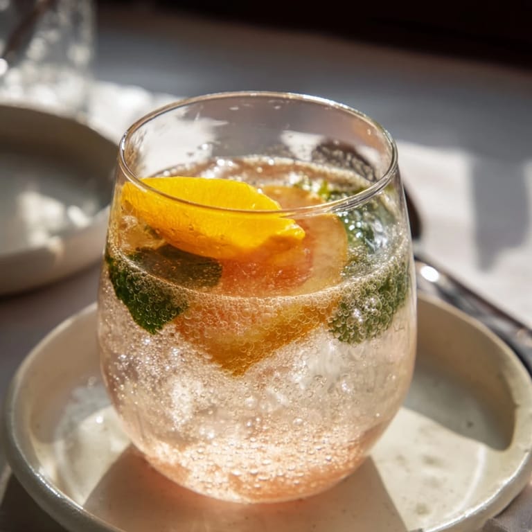 Homemade probiotic soda mocktail, vibrant citrus flavors and herbaceous notes to delight.