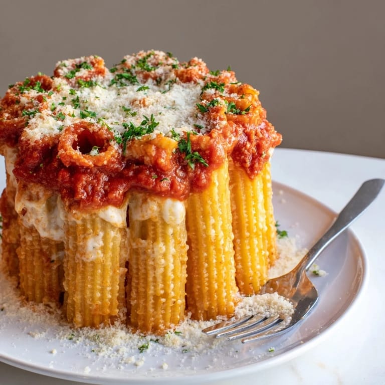 Golden-brown Honeycomb Pasta Cake, bursting with cheesy goodness and vibrant herbs.