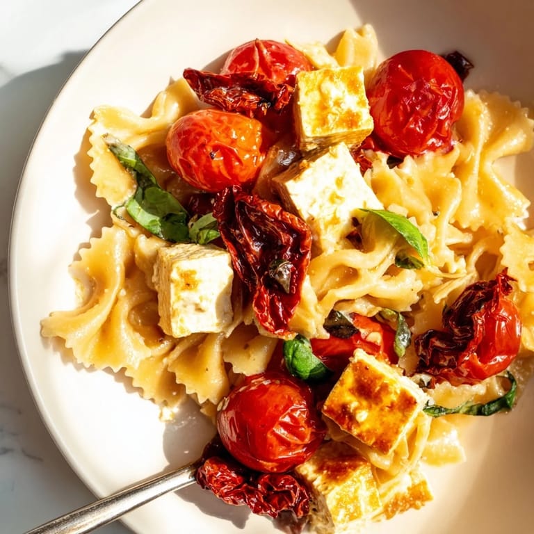 Warm Baked Feta Pasta bursting with vibrant cherry tomatoes and fresh basil flavors.