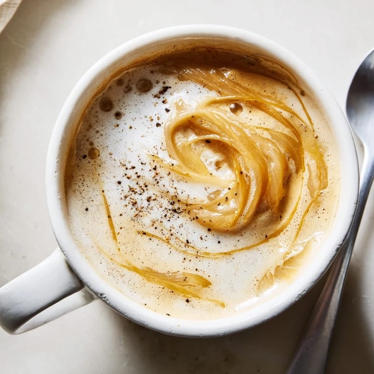 Savory Onion Latte featuring caramelized onion puree and espresso, served steaming hot.  