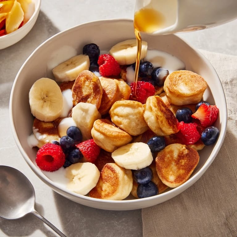 Fluffy bite-sized pancakes ready to be enjoyed with maple syrup and milk.  