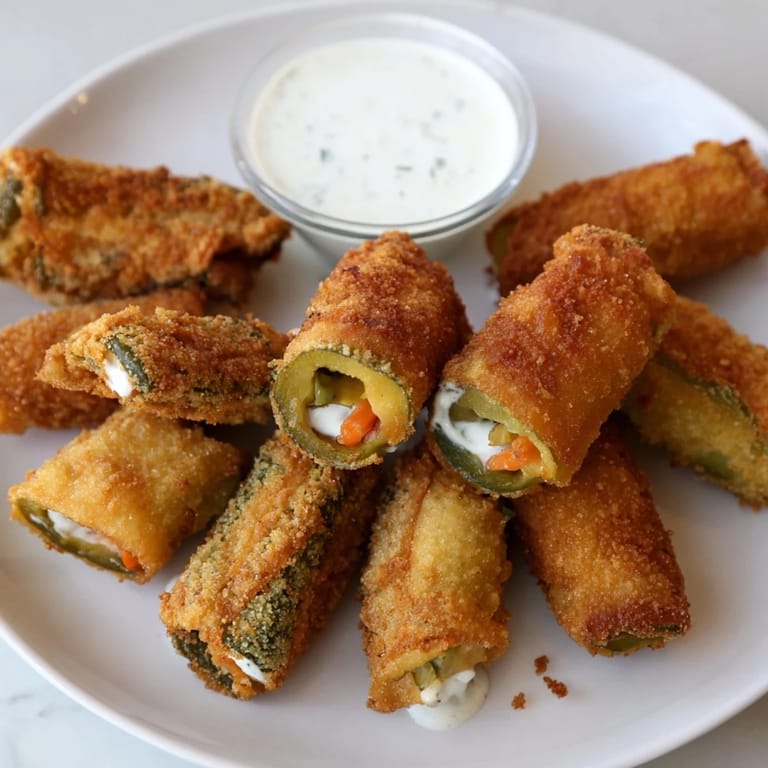 Tangy and crunchy pickle lovers meal featuring fried pickle chips and wrapped bites.