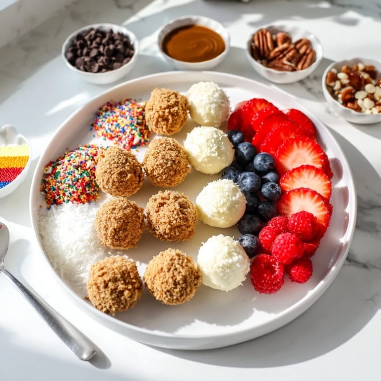 Interactive dessert board showcasing creamy cheesecake bites and vibrant fresh fruit.