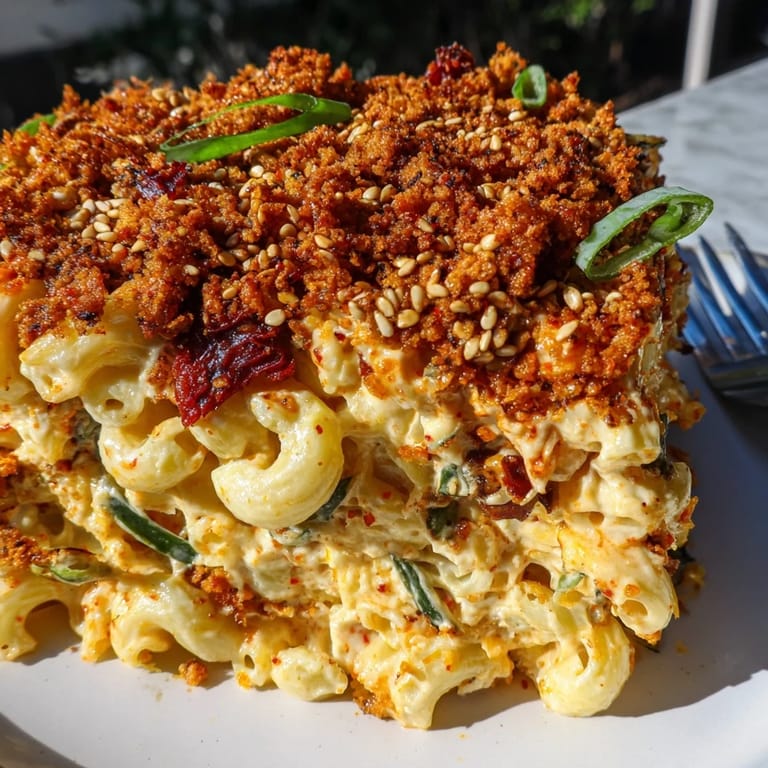Baked Spicy Kimchi Mac & Cheese, featuring gooey cheese and tangy kimchi flavors.  