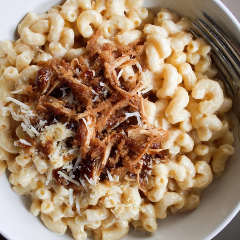 Hearty bowl of Classic Mac & Cheese with BBQ Chicken, rich cheese sauce oozing.