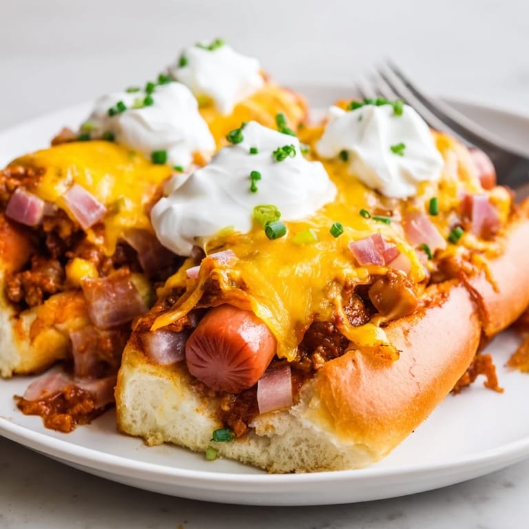 Hearty Chili Dog Casserole served warm, garnished with fresh green onions and sour cream.  
