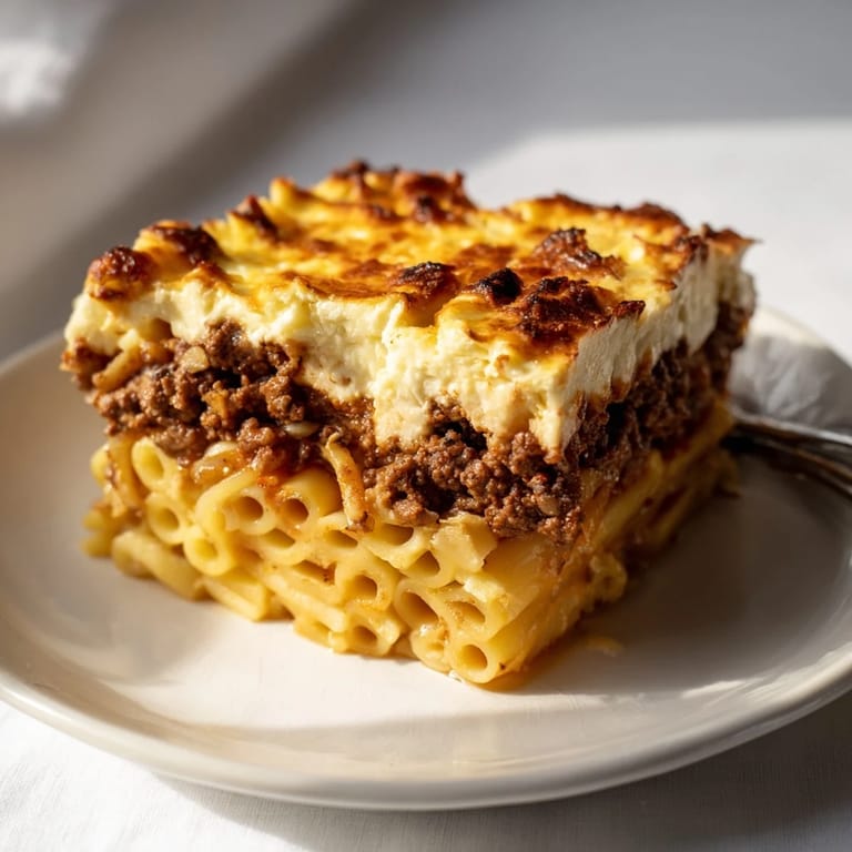 Savor the rich flavors of homemade Greek pastitsio topped with melted cheese crust.  