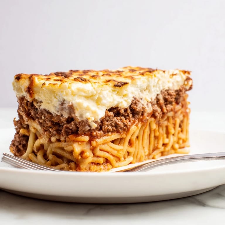 Delicious Greek pastitsio served warm, featuring pasta, savory beef, and nutty béchamel.